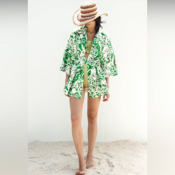 ZARA Linen Blend Printed Kimono Printed White + Green Size M/L - Picture 1 of 14